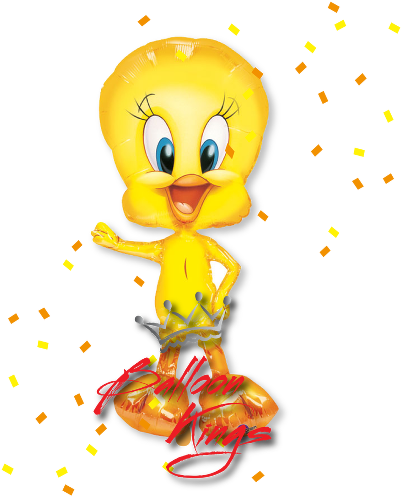 崔弟 桌布 壁紙 — 一隻快樂的黃色Tweety Bird氣球角色在黑色背景上，伴隨著飄落的金色紙屑跳舞。