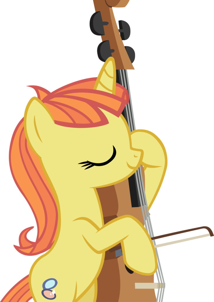Musical Instrument 桌布 壁紙 — 一隻快樂的黃色卡通小馬，帶有橙色鬃毛，在黑色背景前演奏大提琴。