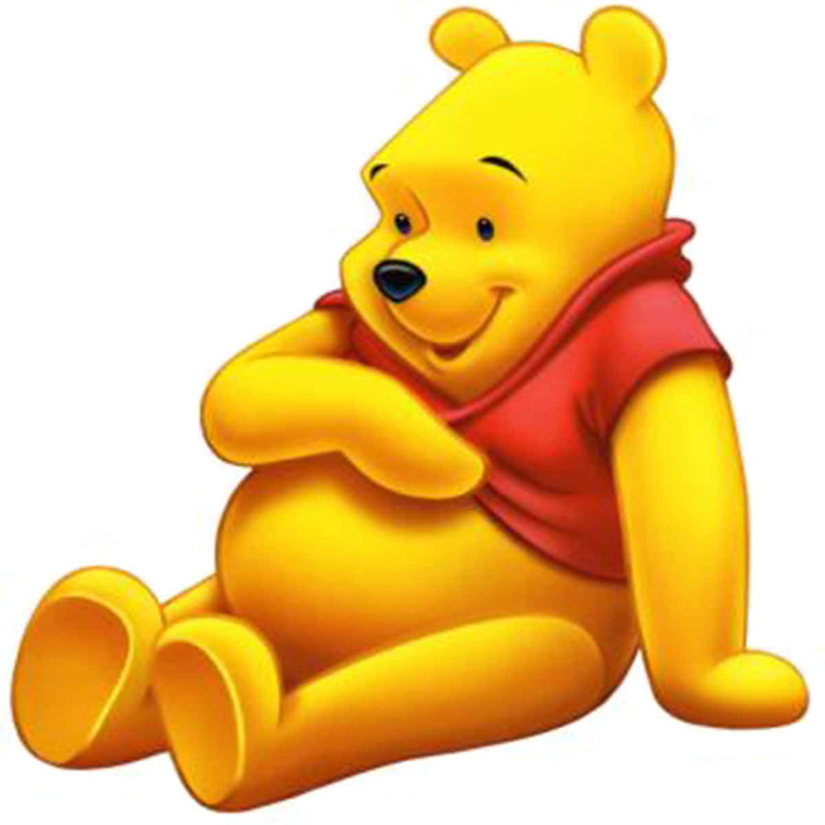 winnie the pooh 桌布 壁紙 — 一隻快樂的黃色卡通熊穿著紅色襯衫，盤腿而坐，雙臂交叉，露出燦爛的笑容。