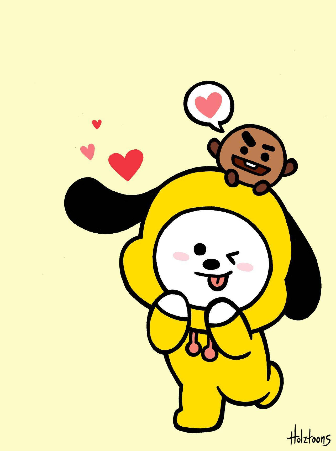 Chimmy 桌布 壁紙 — 一隻快樂的黃色卡通狗，有黑色尾巴，頑皮地眨眼，同時一隻小棕色猴子騎在牠的背上，周圍有漂浮的心形圖案。