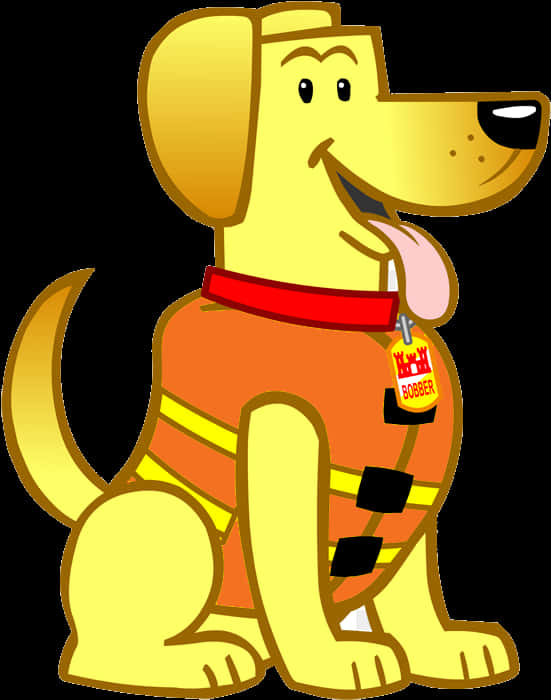 Scooby Doo 桌布 壁紙 — 一隻快樂的黃色卡通狗，穿著帶有黑色條紋的橙色救生衣和紅色項圈，開心地坐著，伸出舌頭。
