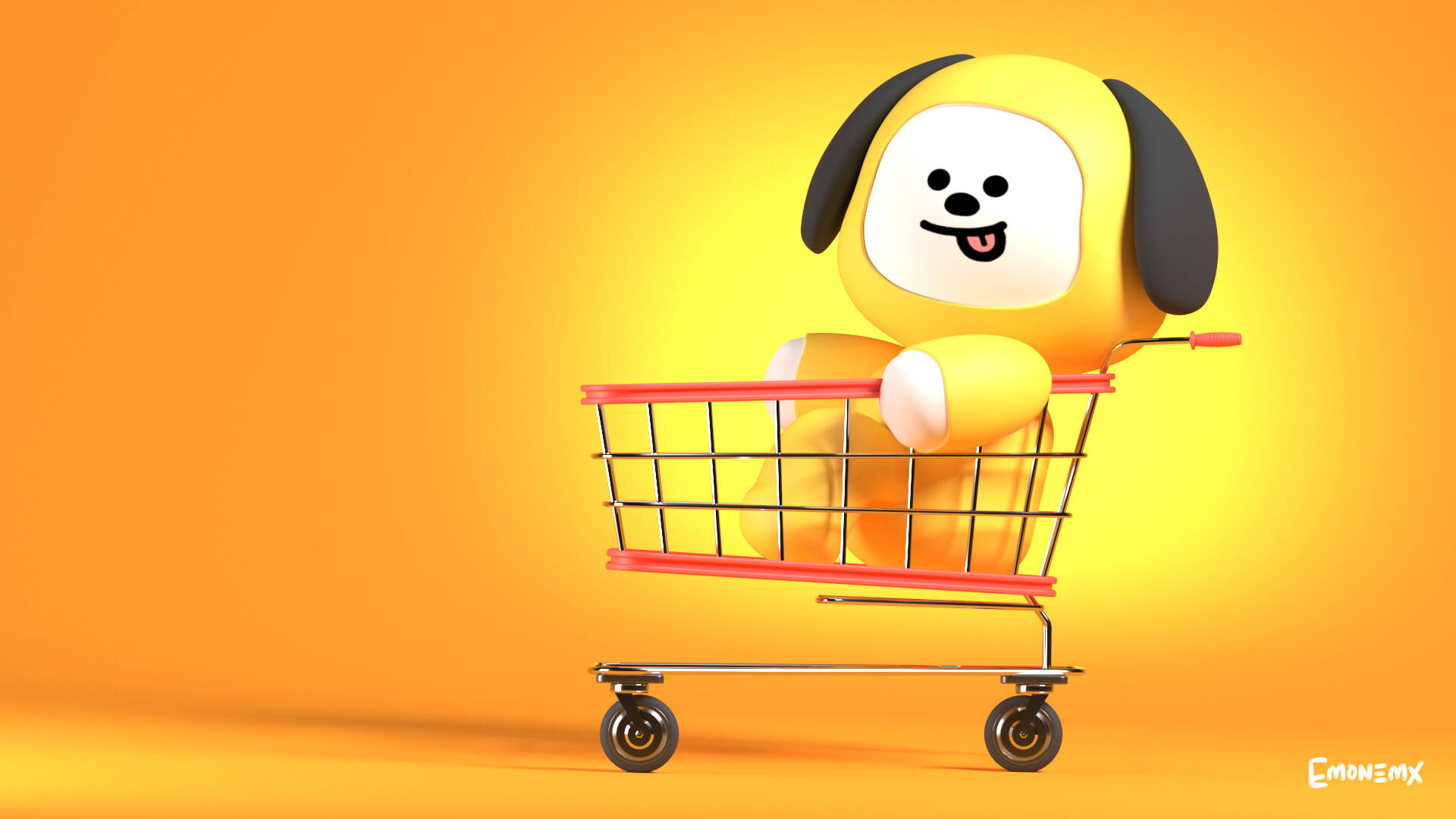 Chimmy Bt21 桌布 壁紙 — 一隻快樂的黃色卡通狗，黑色耳朵，開心坐在紅色購物車內，背景是溫暖的橙色漸變。