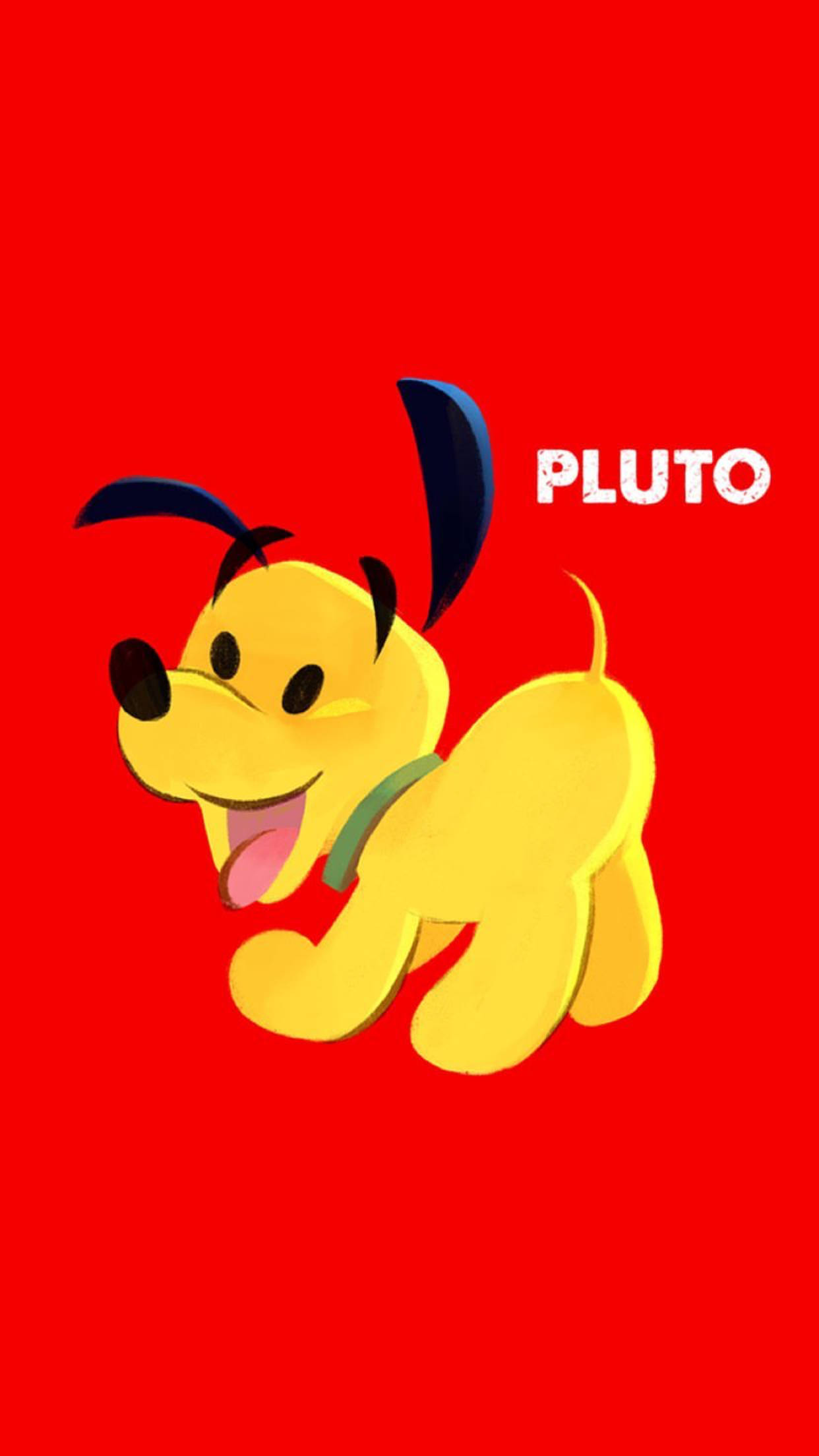 pluto 桌布 壁紙 — 一隻快樂的黃色卡通狗，黑色耳朵和綠色項圈，在純紅色背景上歡快地奔跑，上面有白色文字寫著名稱Pluto。