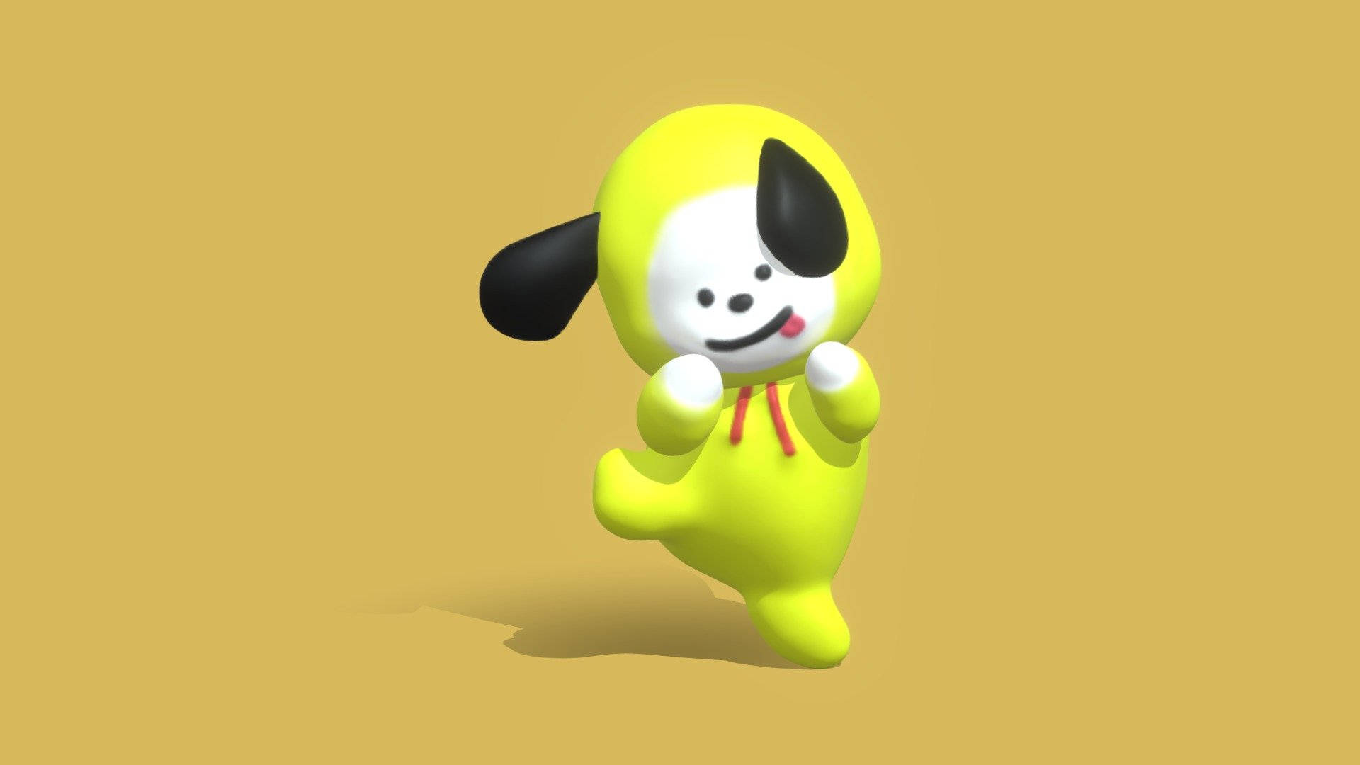 Chimmy 桌布 壁紙 — 一隻快樂的黃色卡通狗，黑色耳朵和紅色領帶，在純芥末黃背景上歡快地跳躍。