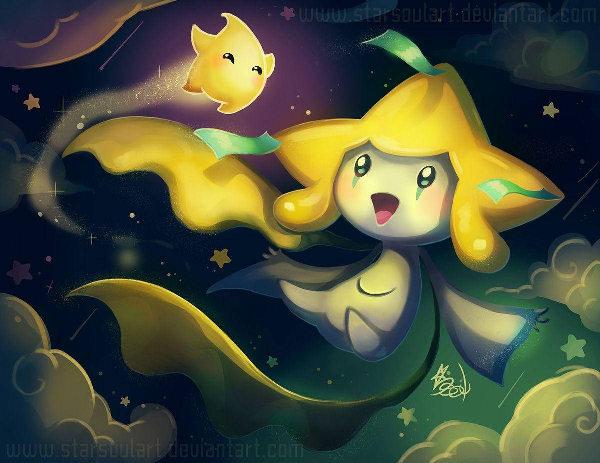 快樂 桌布 壁紙 — 一隻快樂的黃色卡通生物，有翅膀和流動的尾巴，在繁星點點的夜空中飛翔，身後跟著一個較小的自己。