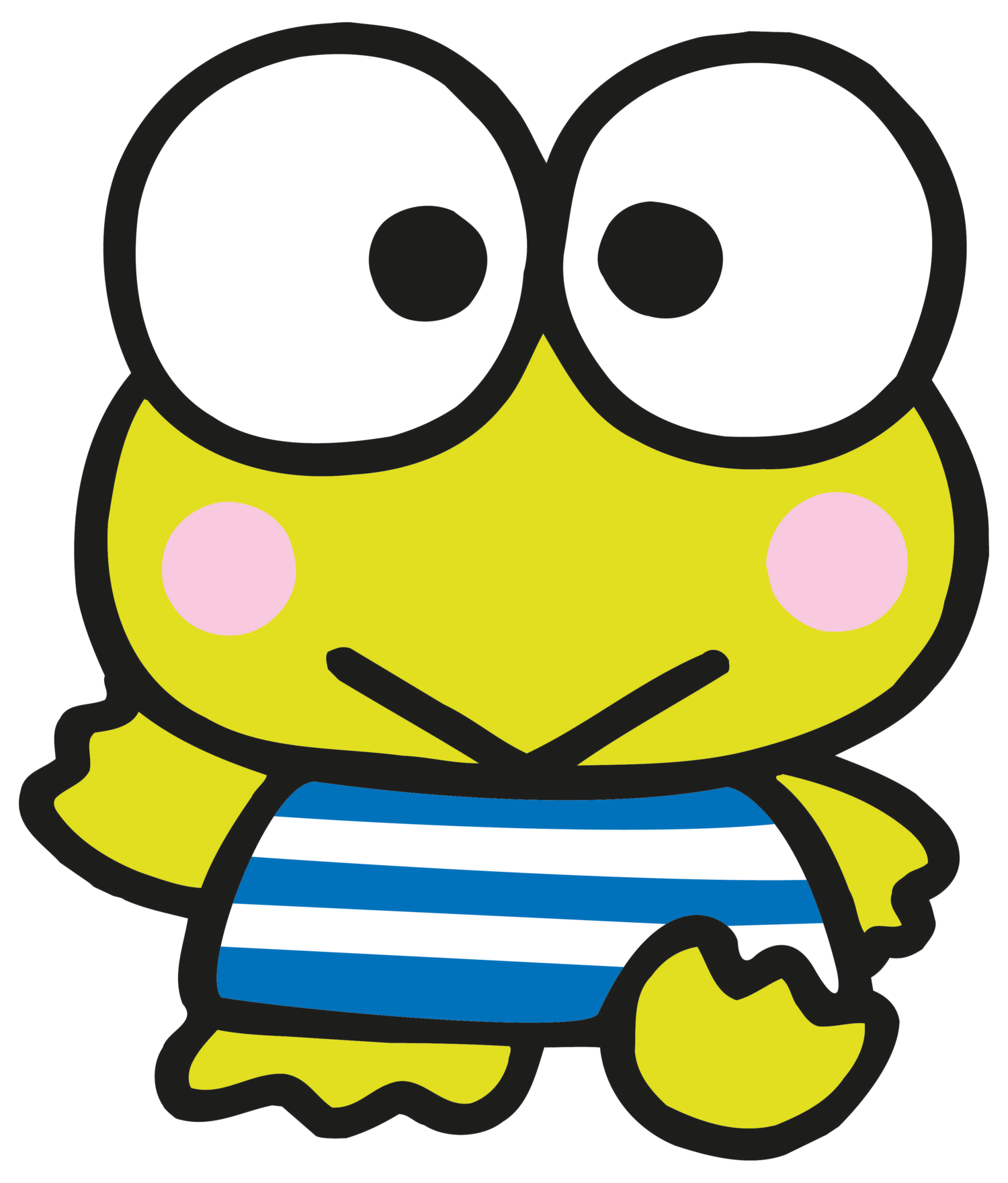 Cute Frog 桌布 壁紙 — 一隻快樂的黃色卡通青蛙，有大大的白色眼睛和粉紅色臉頰，穿著藍白條紋泳褲。