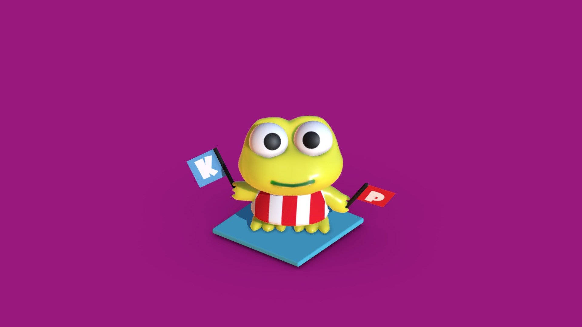 Keroppi 桌布 壁紙 — 一隻快樂的黃色卡通青蛙，穿著紅白條紋襯衫，在藍色平台上舉著帶有K和P字母的旗幟，背景是充滿活力的紫色。