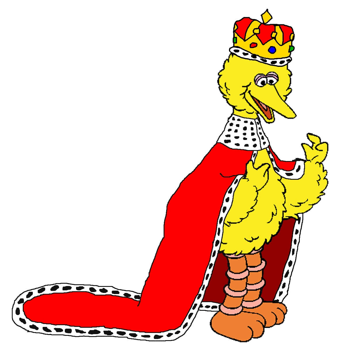 Big Bird 桌布 壁紙 — 一隻快樂的黃色卡通鳥，戴著紅金相間的皇冠，穿著帶白色鑲邊的紅色皇家長袍。