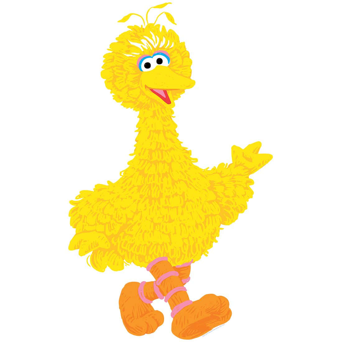 Big Bird 桌布 壁紙 — 一隻快樂的黃色卡通鳥，擁有蓬鬆羽毛和橙色靴子，在純白背景上愉快地揮手。