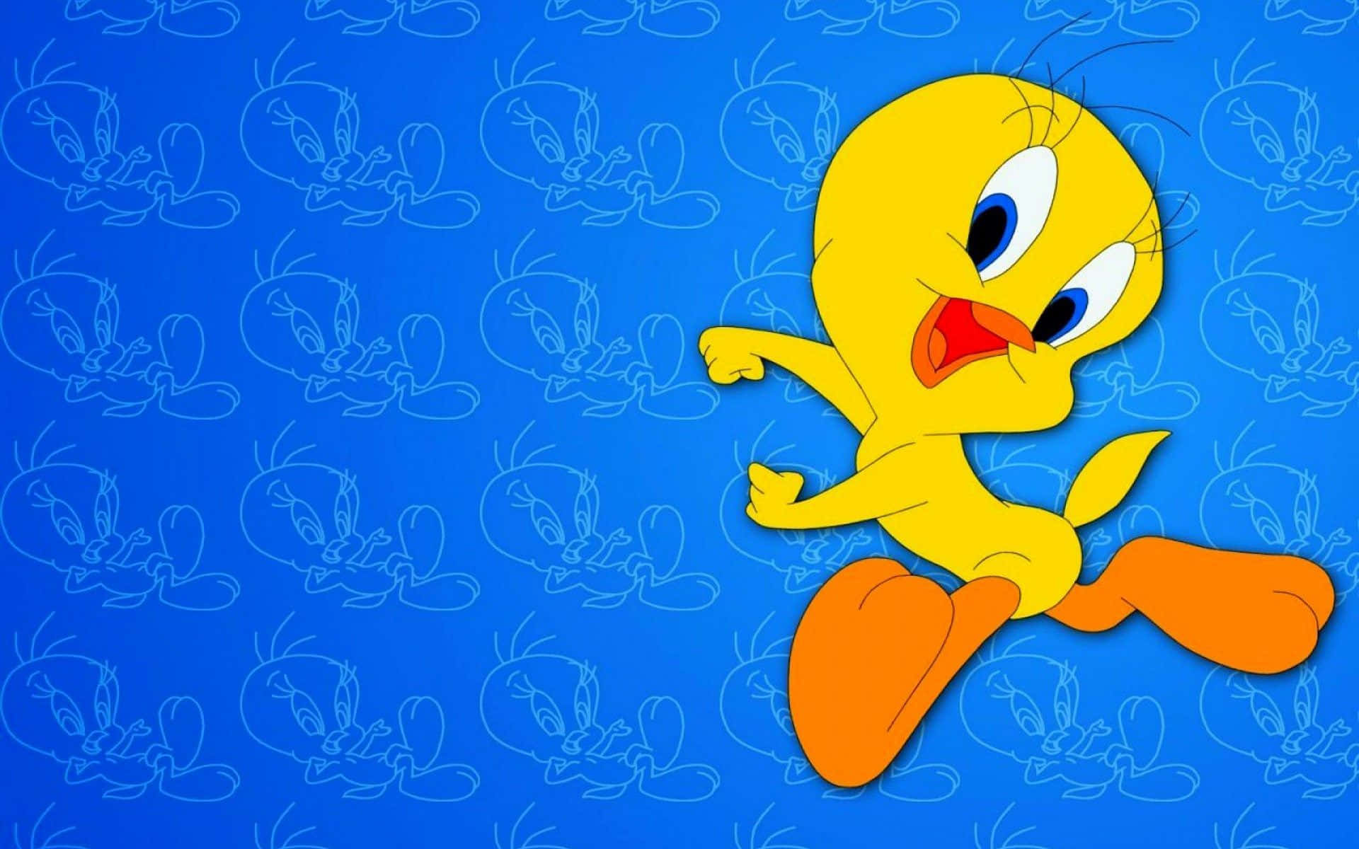 Cute Cartoon Characters 桌布 壁紙 — 一隻快樂的黃色卡通鳥，有橙色的腳，在充滿自身模糊輪廓的藍色背景上精力充沛地奔跑。