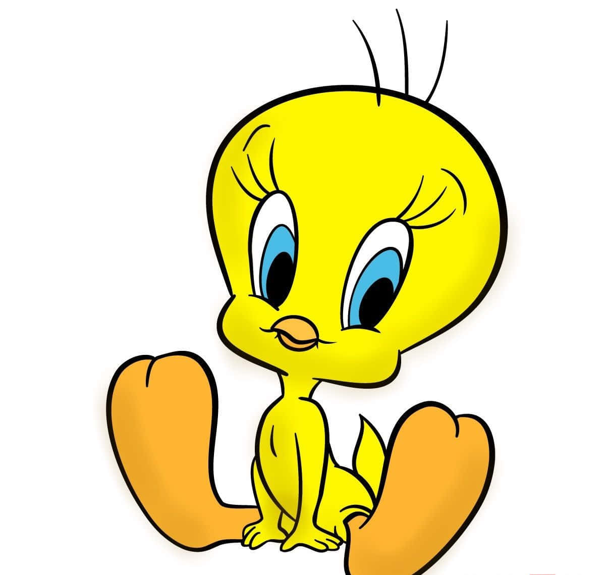 Tweety Bird 桌布 壁紙 — 一隻快樂的黃色卡通鳥，有著大大的藍色眼睛，直立在純白色背景前。