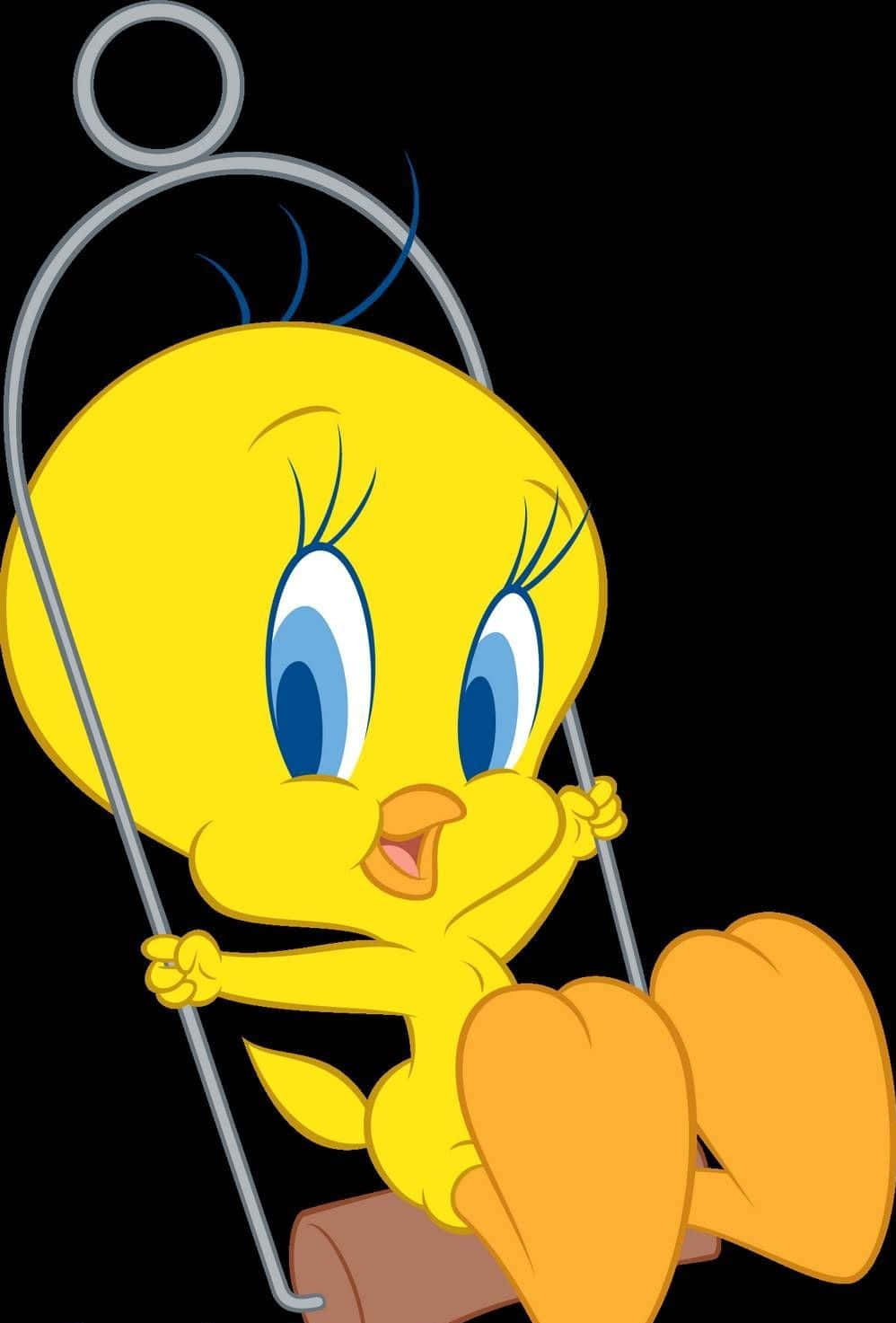 Tweety Bird 桌布 壁紙 — 一隻快樂的黃色卡通鳥，有著大大的藍色眼睛，抓住黑色背景上的金屬鞦韆。