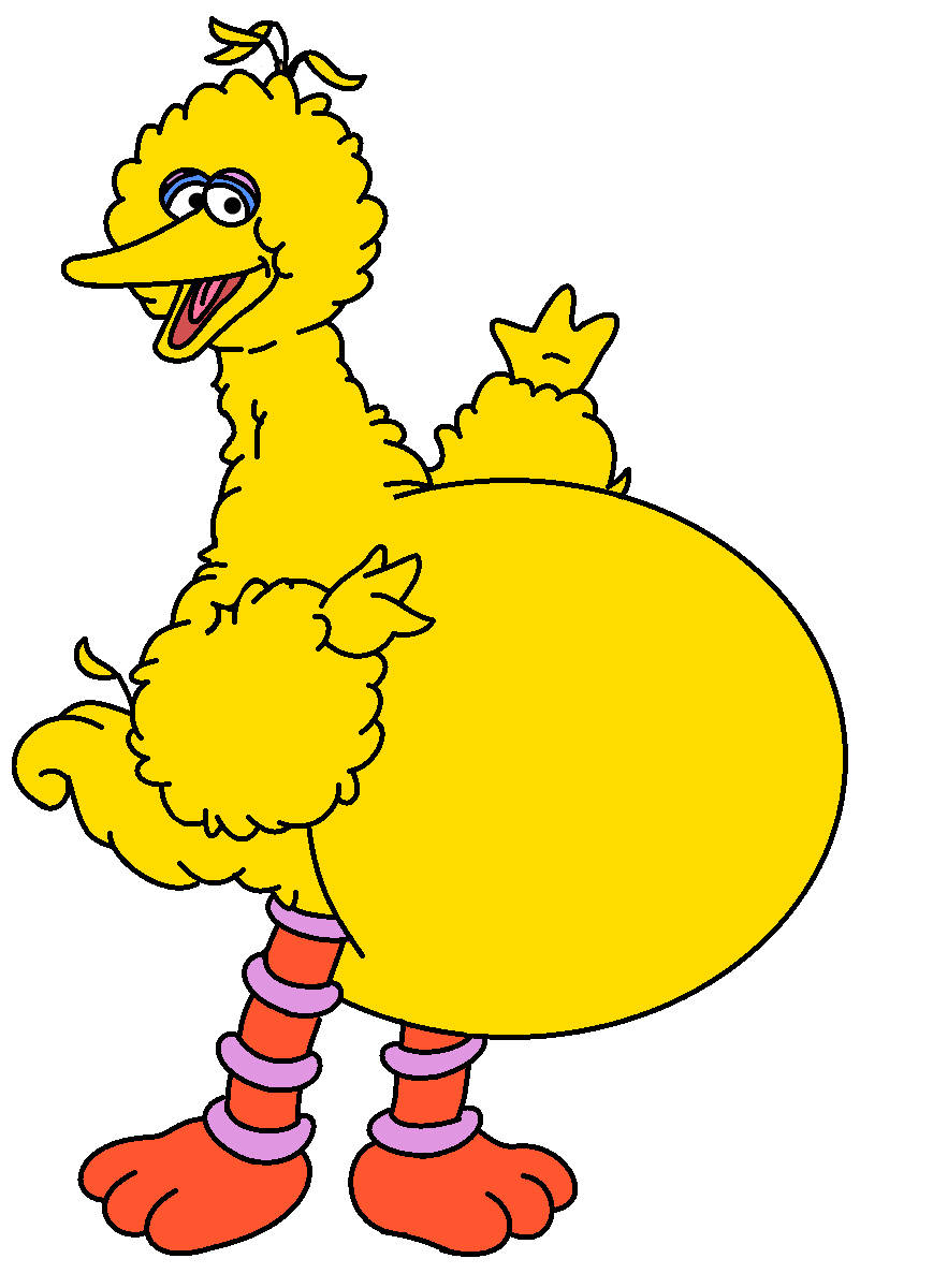 Big Bird 桌布 壁紙 — 一隻快樂的黃色卡通鳥，有蓬鬆的羽毛和一個大圓身體，站著微笑，腿上有紫色和橙色條紋。