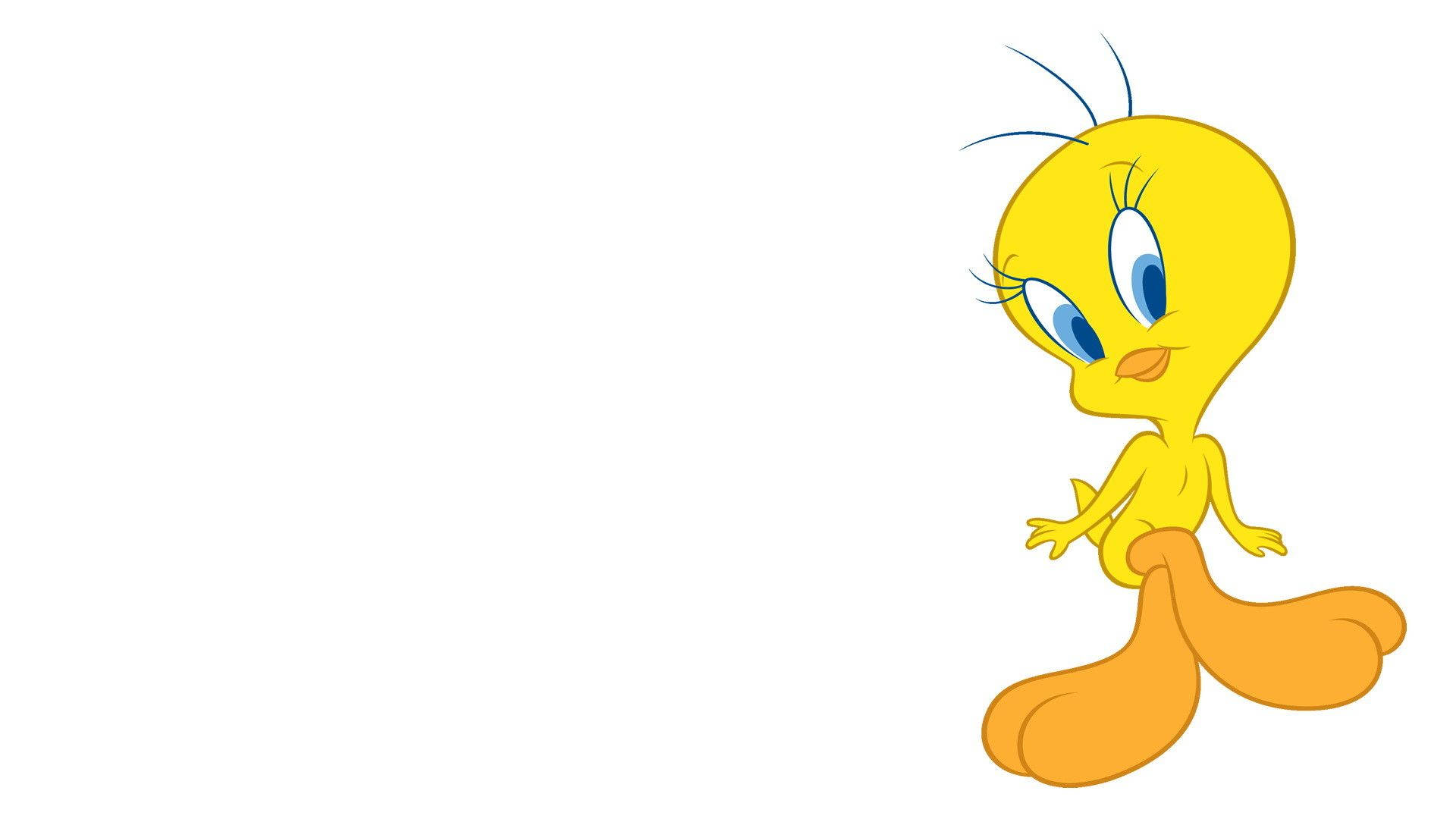 Tweety 桌布 壁紙 — 一隻快樂的黃色卡通鳥，有藍色眼睛和長長的睫毛，單腳站在純白色背景上。