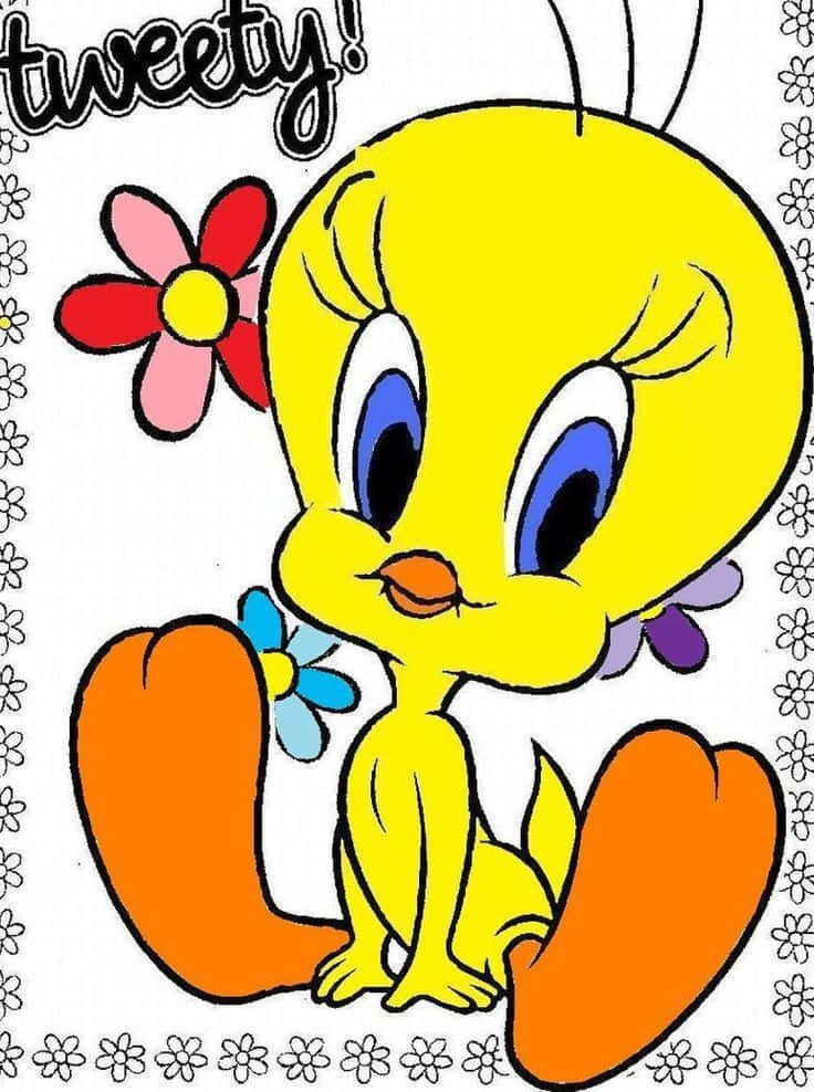 Tweety Bird 桌布 壁紙 — 一隻快樂的黃色卡通鳥，有藍色眼睛和橙色腳，坐在色彩繽紛的花朵和裝飾邊框中。