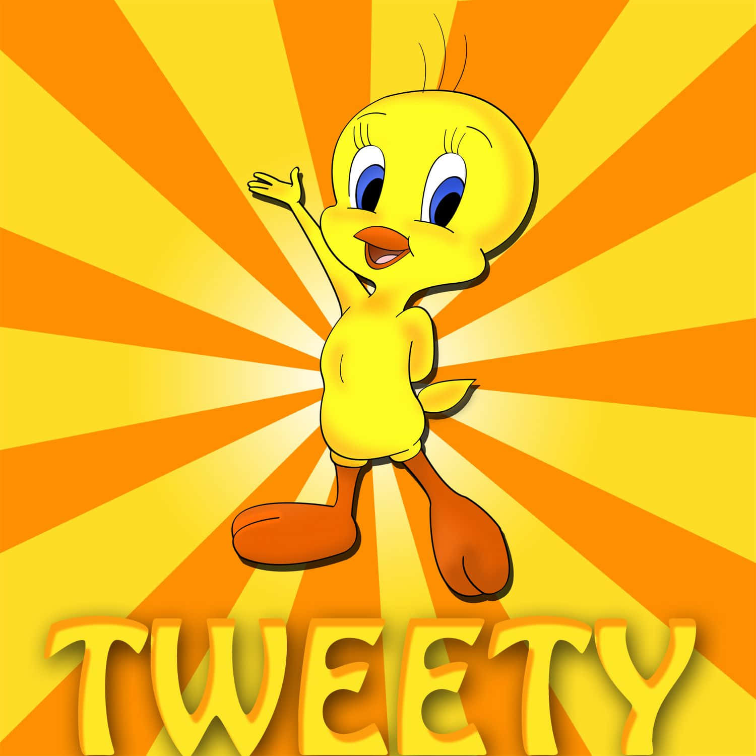 Tweety Bird 桌布 壁紙 — 一隻快樂的黃色卡通鳥在充滿活力的橙色和黃色太陽爆發背景前愉快地揮手，下方有名字 'TWEETY'。