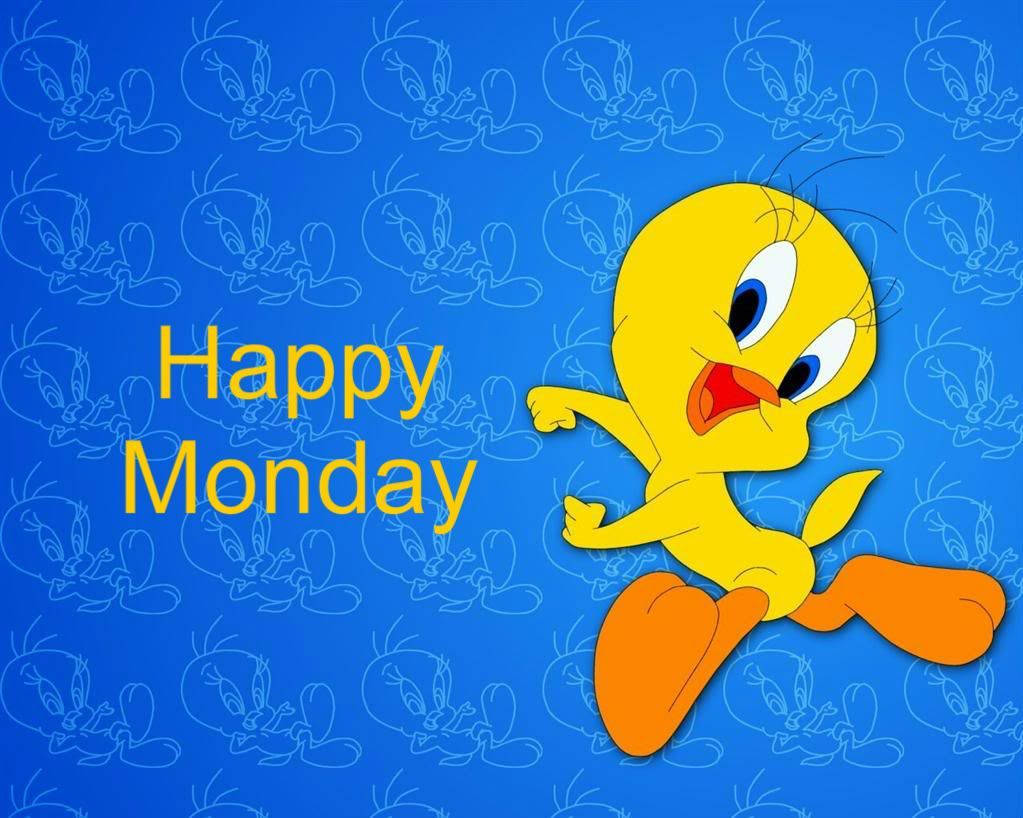 Happy Monday 桌布 壁紙 — 一隻快樂的黃色卡通鳥在藍色背景上歡快地奔跑，背景上有它自己的模糊輪廓和粗體黃色字母寫成的「Happy Monday」文字。