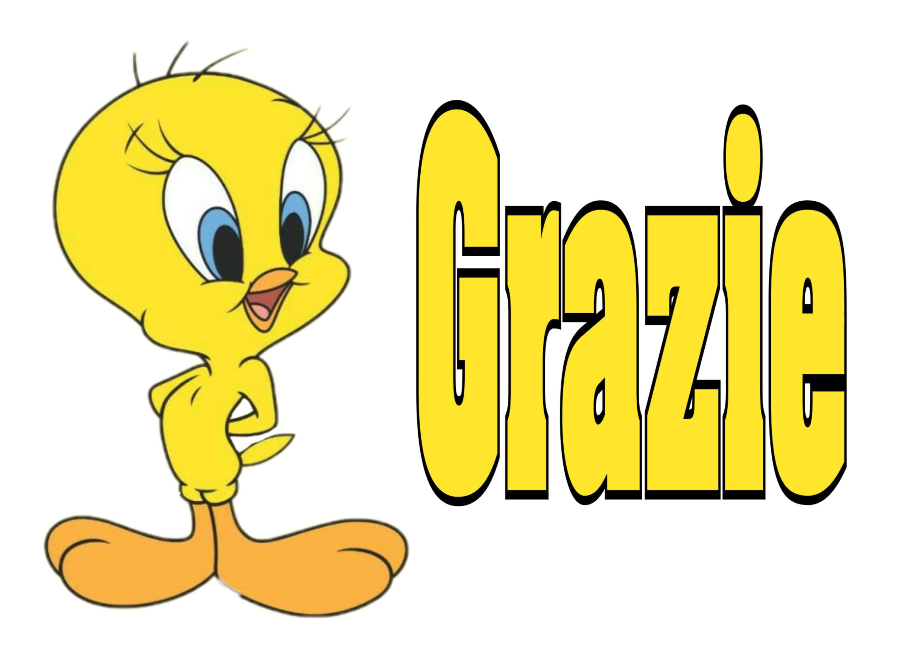 Tweety Bird 桌布 壁紙 — 一隻快樂的黃色卡通鳥站在粗體黃色文字「Grazie」旁邊，背景為純白色。