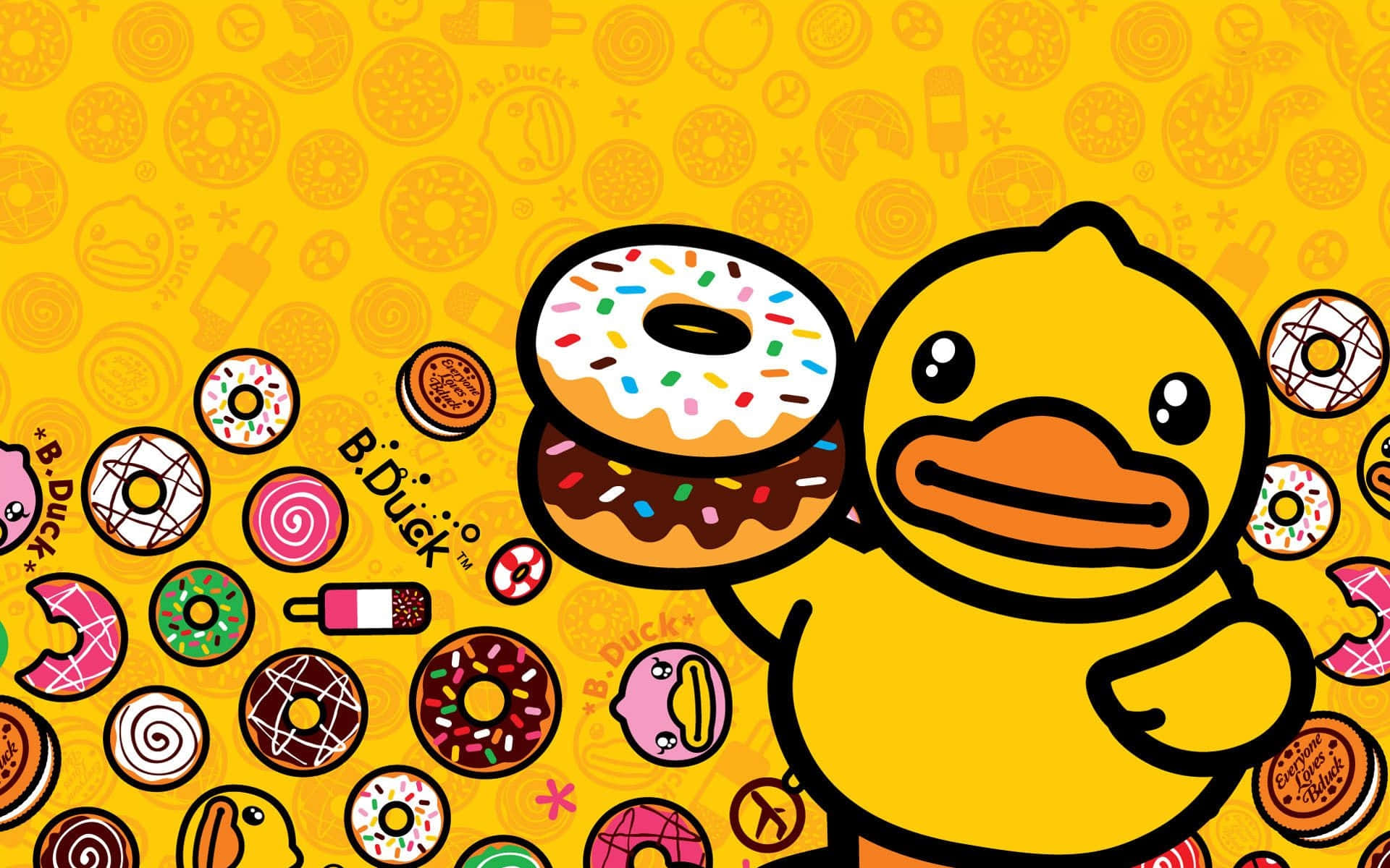 Donut 桌布 壁紙 — 一隻快樂的黃色卡通鴨在充滿各種甜甜圈和鴨子圖案的鮮黃色背景前，拿著一個巨大的彩針甜甜圈。