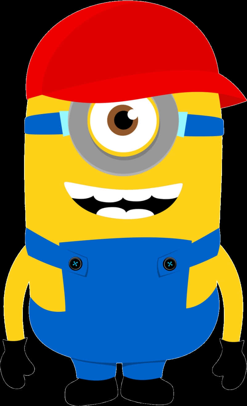 Minion Clipart 桌布 壁紙 — 一隻快樂的黃色單眼Minion，戴著紅色帽子和藍色工裝褲，在黑色背景前燦爛微笑。