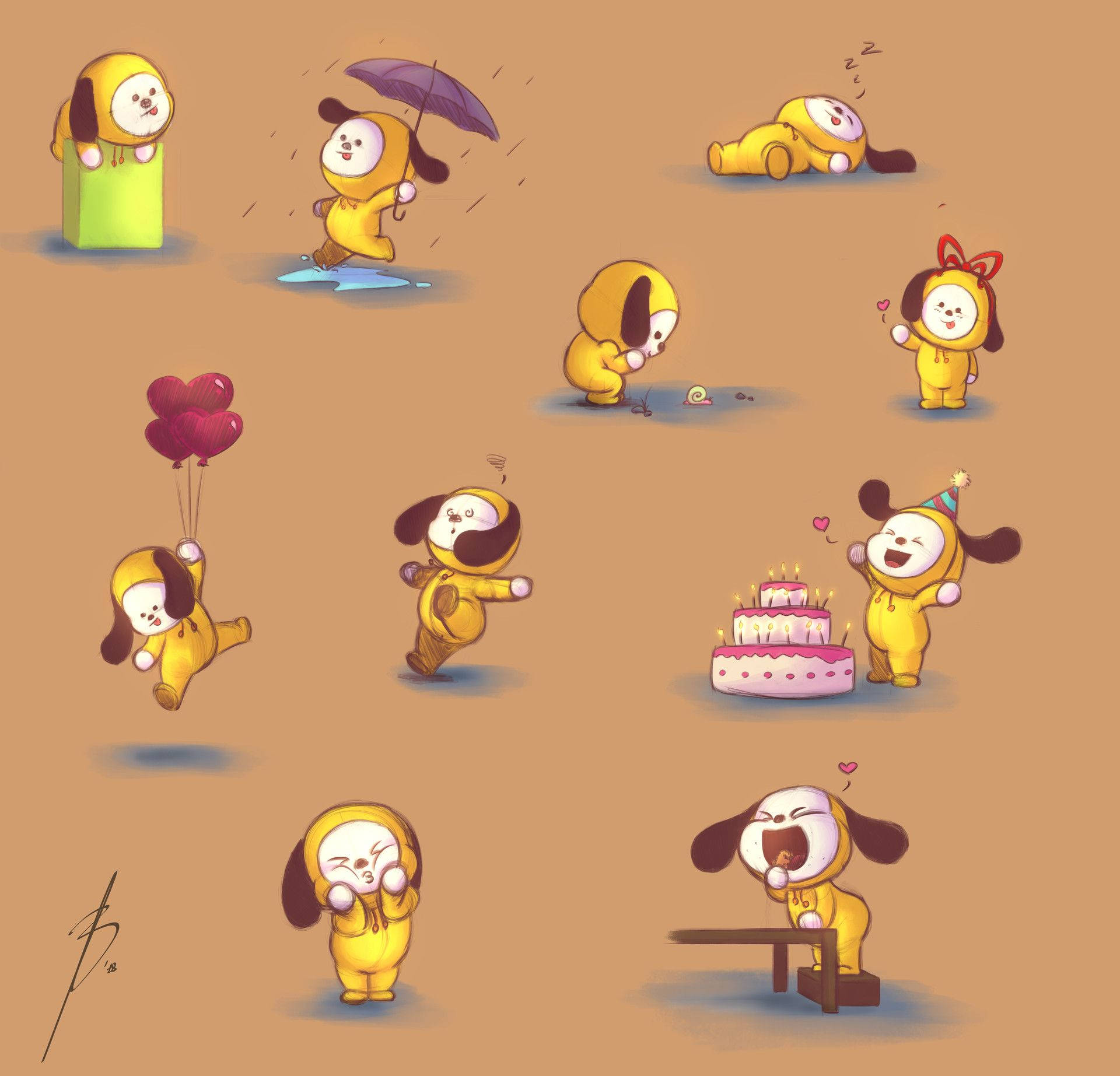 Chimmy 桌布 壁紙 — 一隻快樂的黃色小狗以各種頑皮的姿勢出現，包括拿著氣球跳舞、慶祝生日蛋糕和睡在雨傘下。