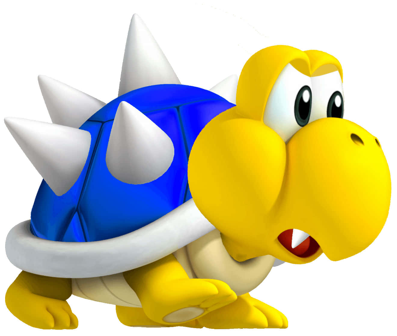 Koopa Troopa 桌布 壁紙 — 一隻快樂的黃色庫巴龜，帶有藍色尖刺殼和白色邊緣，以友善的表情向前爬行。
