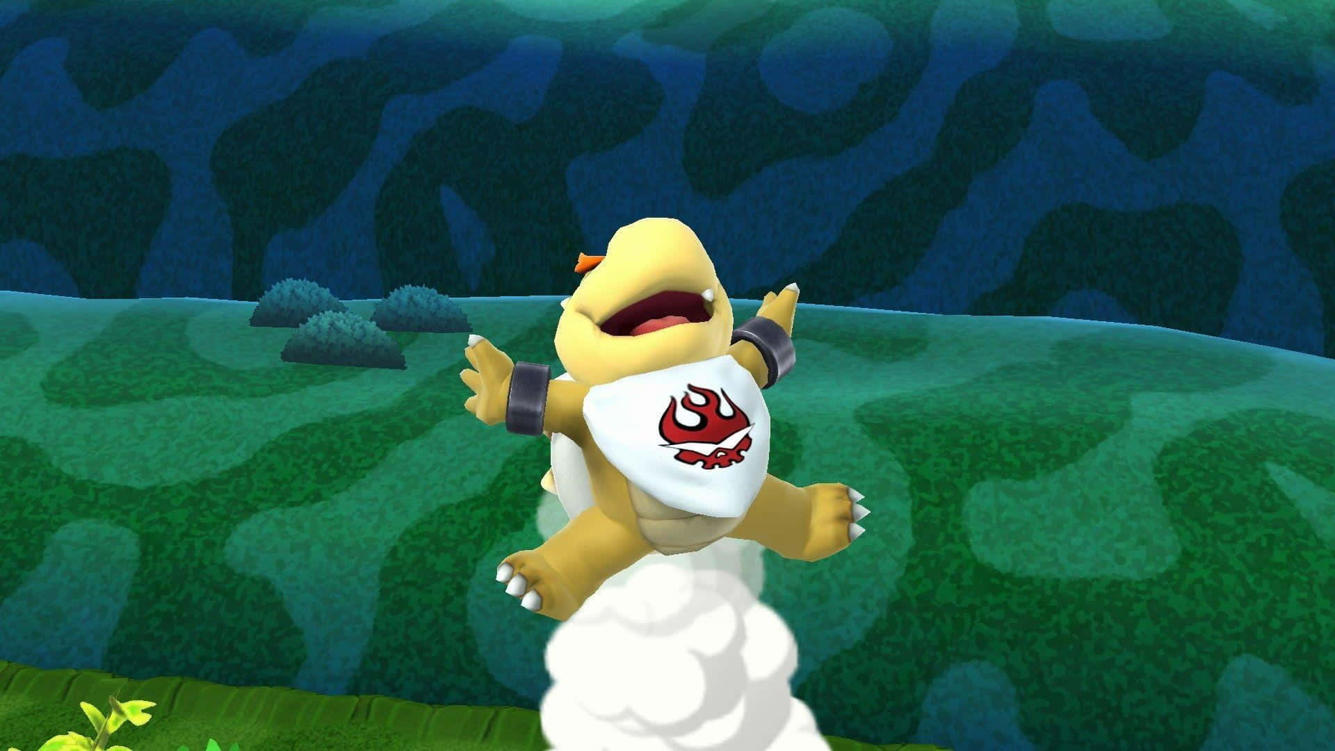 Bowser Jr 桌布 壁紙 — 一隻快樂的黃色庫巴龜，穿著帶有紅色火焰標誌的白色圍兜，在充滿活力的綠色和藍色風景中歡快地跳躍。
