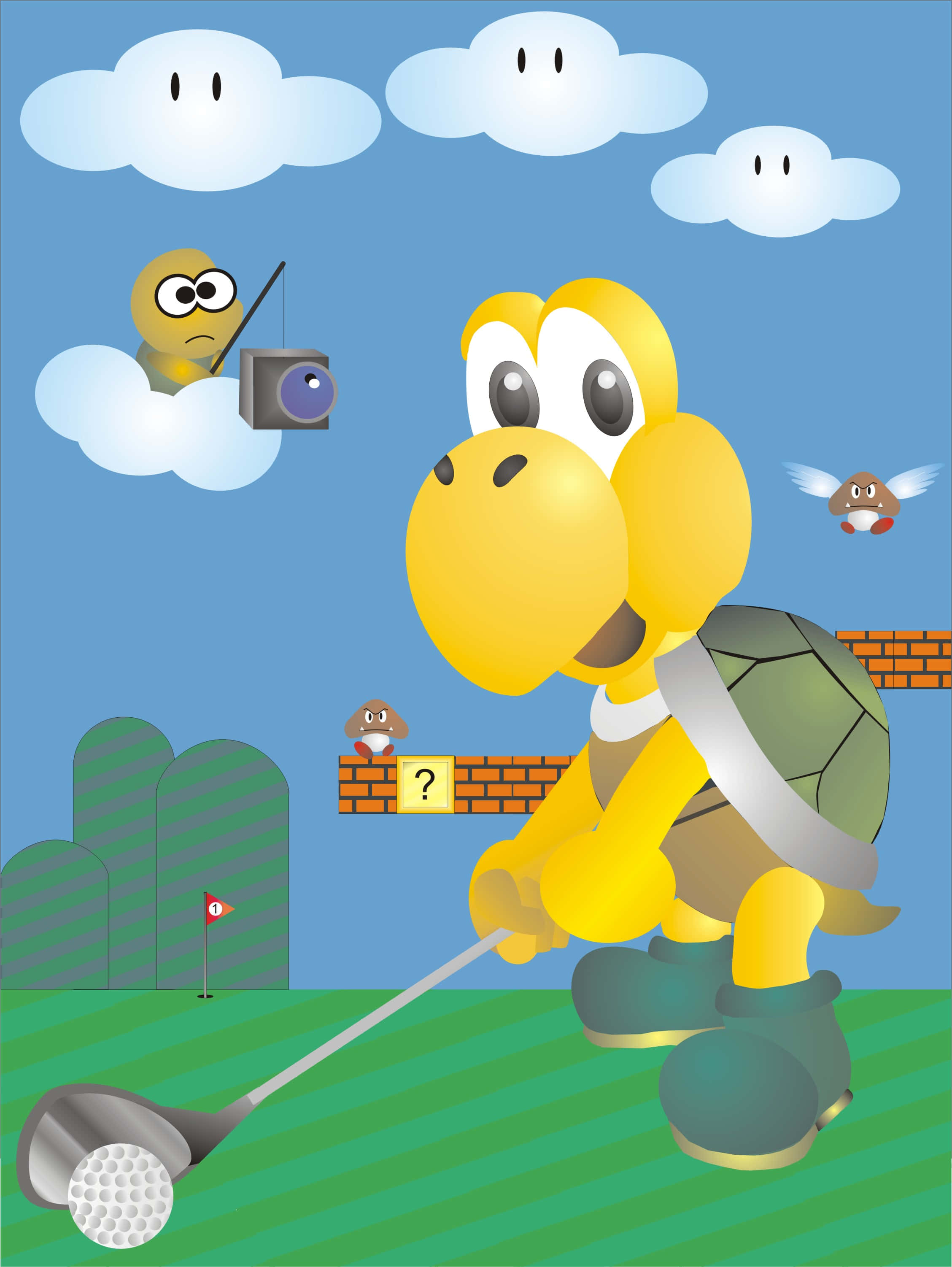 Koopa Troopa 桌布 壁紙 — 一隻快樂的黃色庫巴龜在條紋綠色球場上揮動高爾夫球桿，微笑的雲朵和板栗仔觀眾在旁觀看。