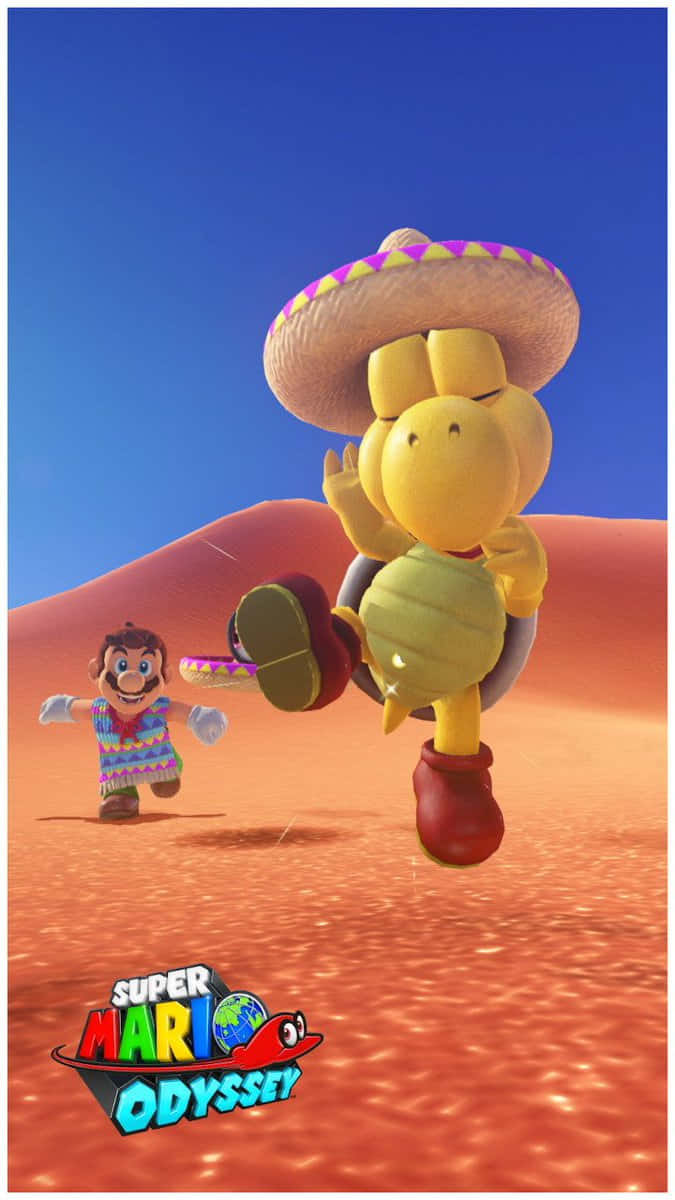 Koopa Troopa 桌布 壁紙 — 一隻快樂的黃色庫巴龜戴著墨西哥帽在沙漠中跳舞，而一個穿著色彩繽紛服裝的小馬力歐在晴朗的藍天下在他旁邊奔跑。