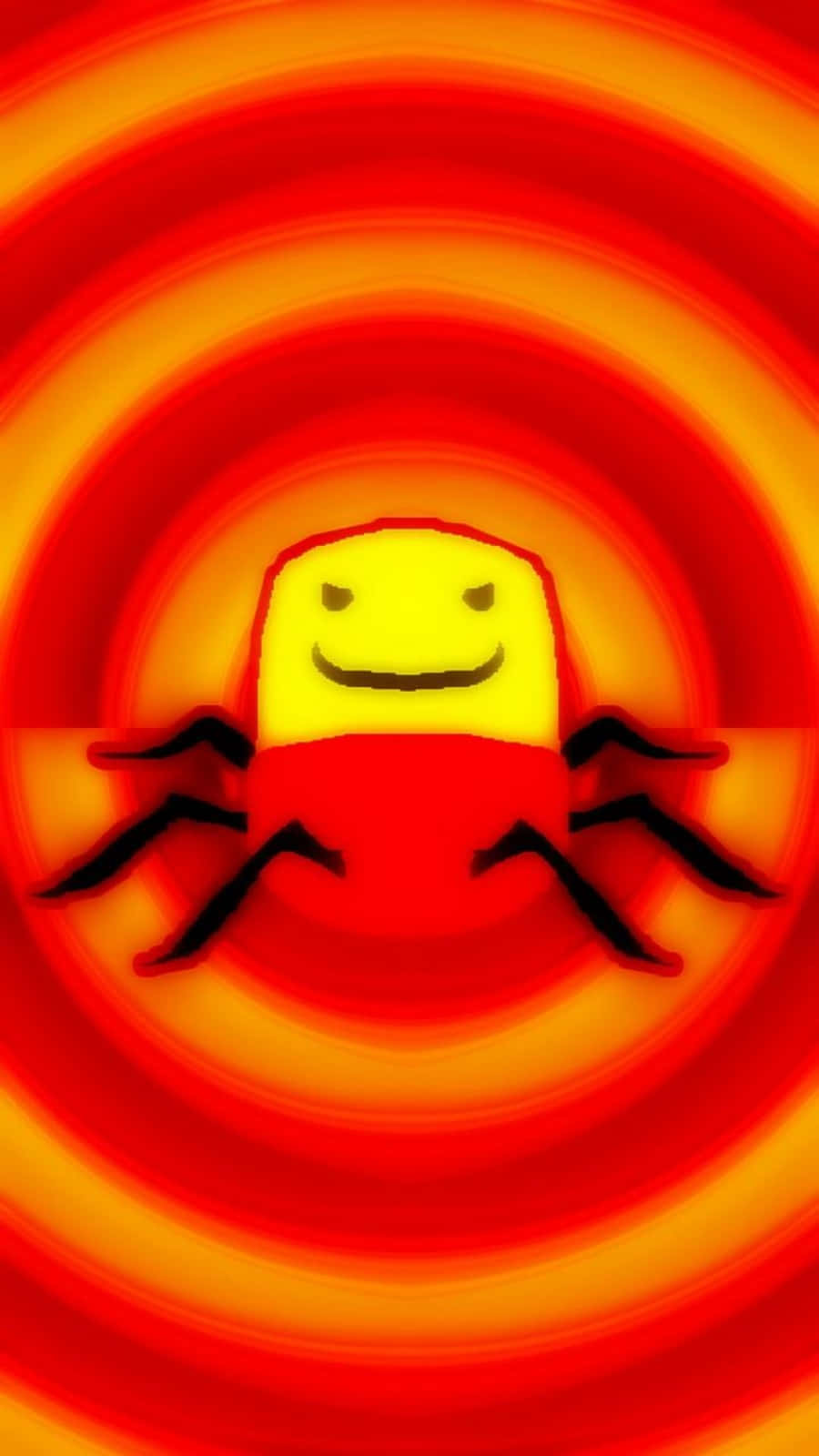 Roblox 桌布 壁紙 — 一隻快樂的黃色方塊頭蜘蛛，有黑色腿，在旋轉的紅色和橙色漩渦背景前向觀眾微笑。