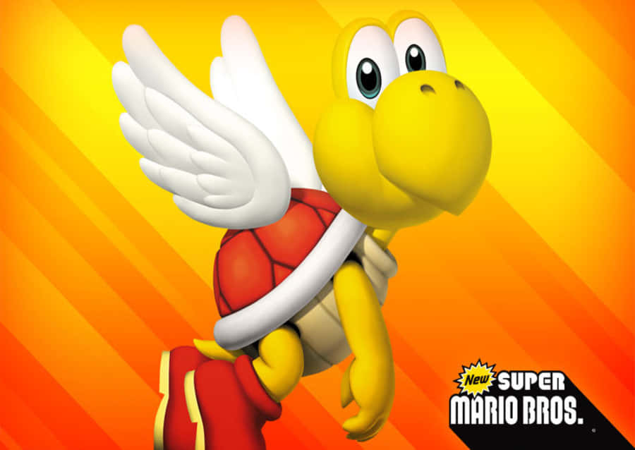 Koopa Troopa 桌布 壁紙 — 一隻快樂的黃色板栗仔，長有白色翅膀和紅色龜殼，在鮮豔的橙黃條紋背景前飛翔。