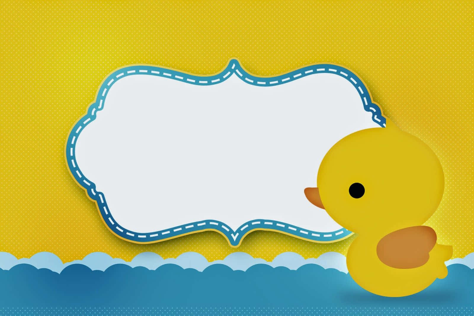 Rubber Duck 桌布 壁紙 — 一隻快樂的黃色橡膠鴨漂浮在一個白色對話框旁邊，背景是帶有藍色波浪的紋理黃色背景。