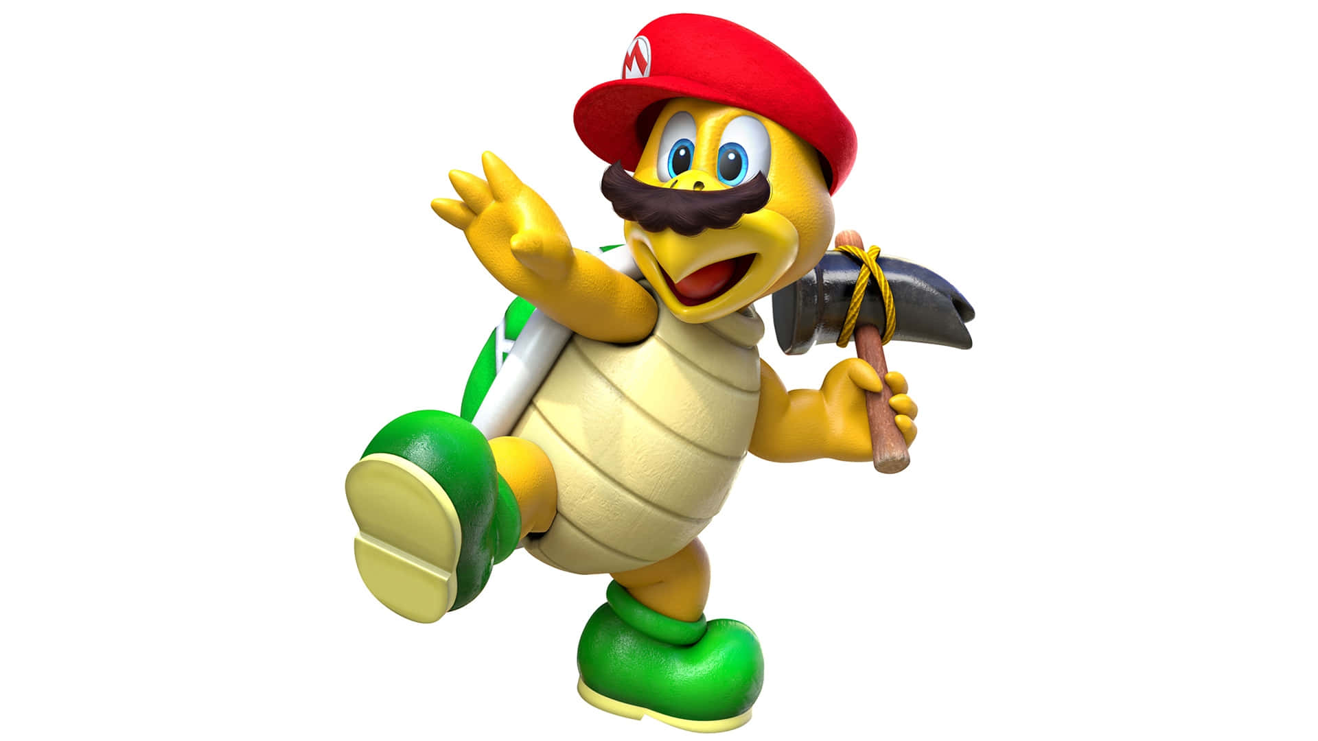 Koopa Troopa 桌布 壁紙 — 一隻快樂的黃色烏龜戴著紅色帽子、穿著綠色鞋子，在白色背景前揮舞著錘子。