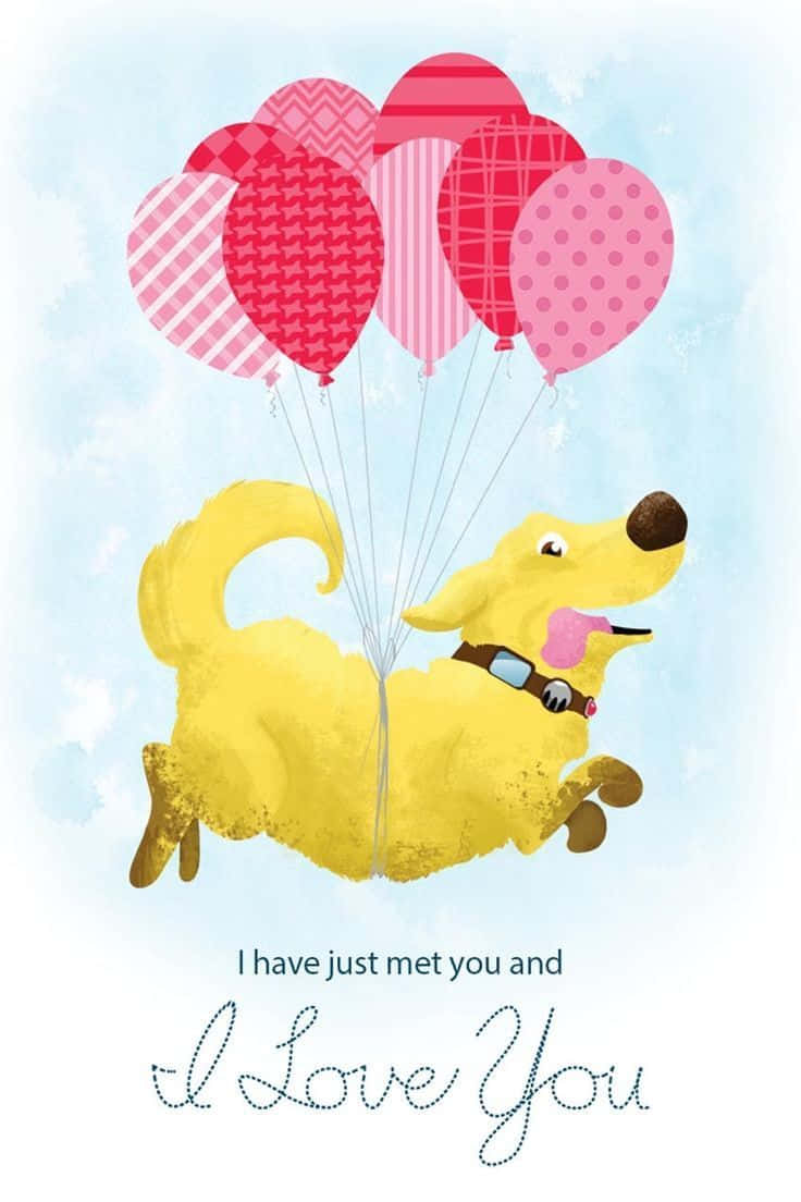 Disney Valentine 桌布 壁紙 — 一隻快樂的黃色狗快樂地向上漂浮，繫著一簇有圖案的粉紅色氣球，背景是柔和的藍天。