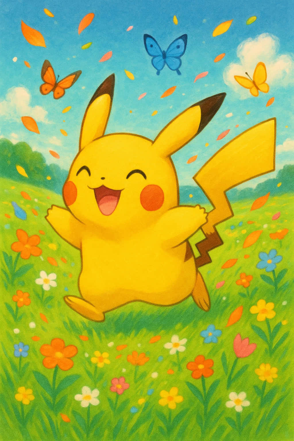 Pikachu HD Wallpaper WEBP 4K Background Download 壁紙 — 一隻快樂的黃色皮卡丘在充滿色彩繽紛的花朵、蝴蝶和落葉的充滿活力的草地上跳躍，背景是明亮的藍天。
