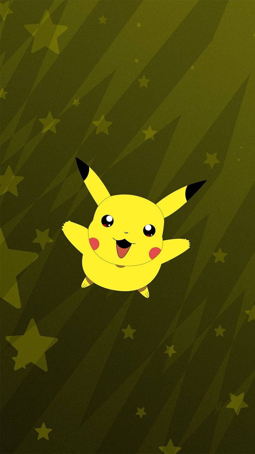 Stars 桌布 壁紙 — 一隻快樂的黃色皮卡丘在深綠色漸變背景上，愉快地漂浮在閃爍的星星之間。