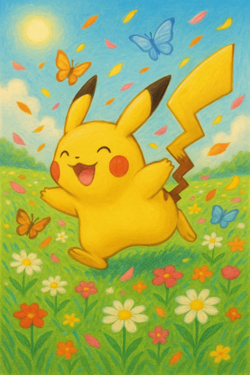 Pikachu HD Wallpaper WEBP 4K Background Download 壁紙 — 一隻快樂的黃色皮卡丘在陽光明媚的草地上跳躍，草地上充滿了色彩繽紛的花朵、蝴蝶和飄落的花瓣。