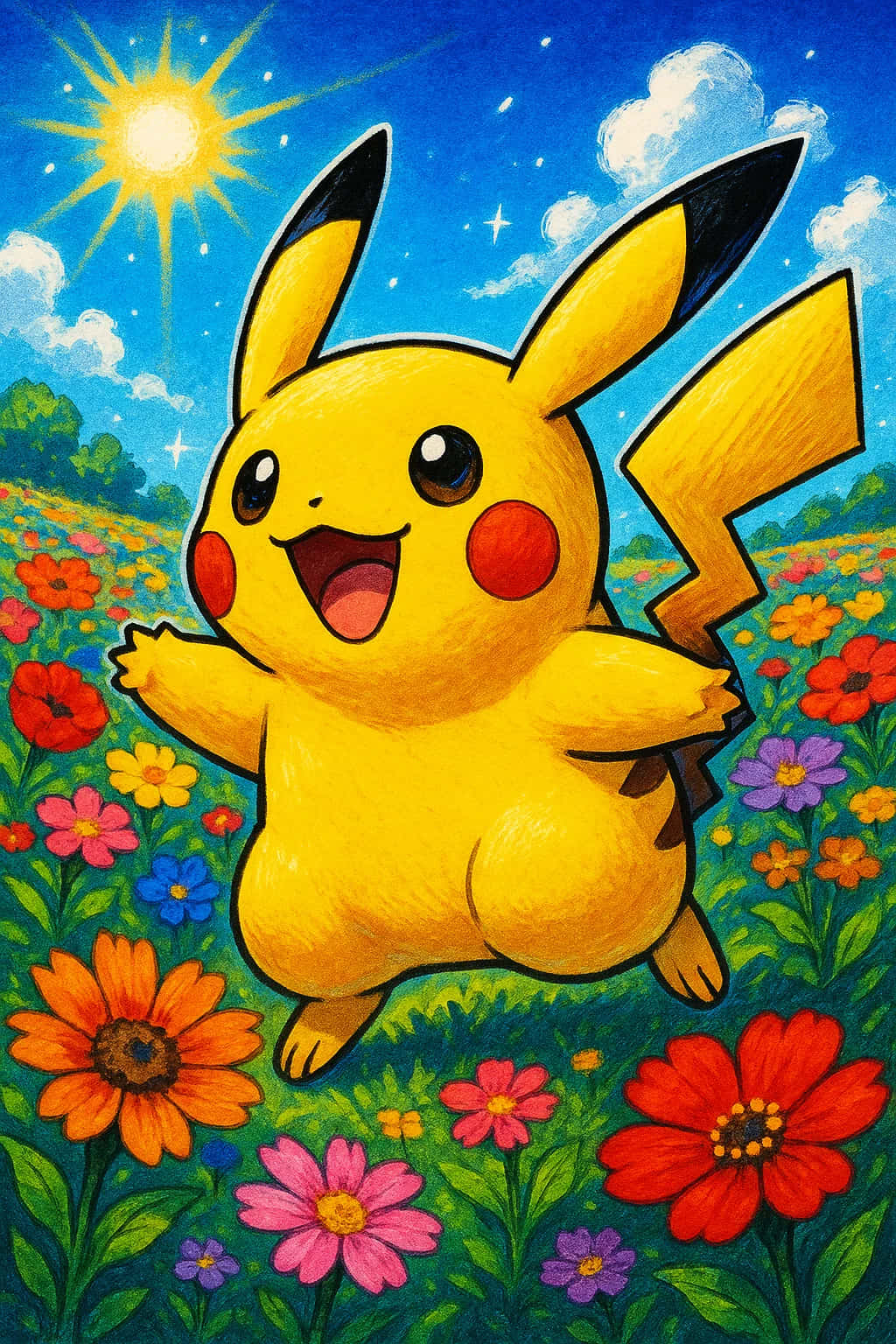 Pikachu HD Wallpaper WEBP 4K Background Download 壁紙 — 一隻快樂的黃色皮卡丘在陽光普照、星空閃爍的藍天下，跳過一片色彩繽紛的花田。