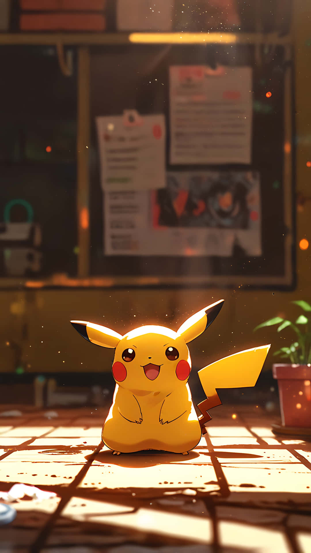 Pikachu's Magical Mood Board - Cute and Electrifying. smartphone wallpaper 壁紙 — 一隻快樂的黃色皮卡丘坐在一個陽光普照的瓷磚地板上，房間舒適，帶有溫暖的金色光線和漂浮的灰塵粒子。