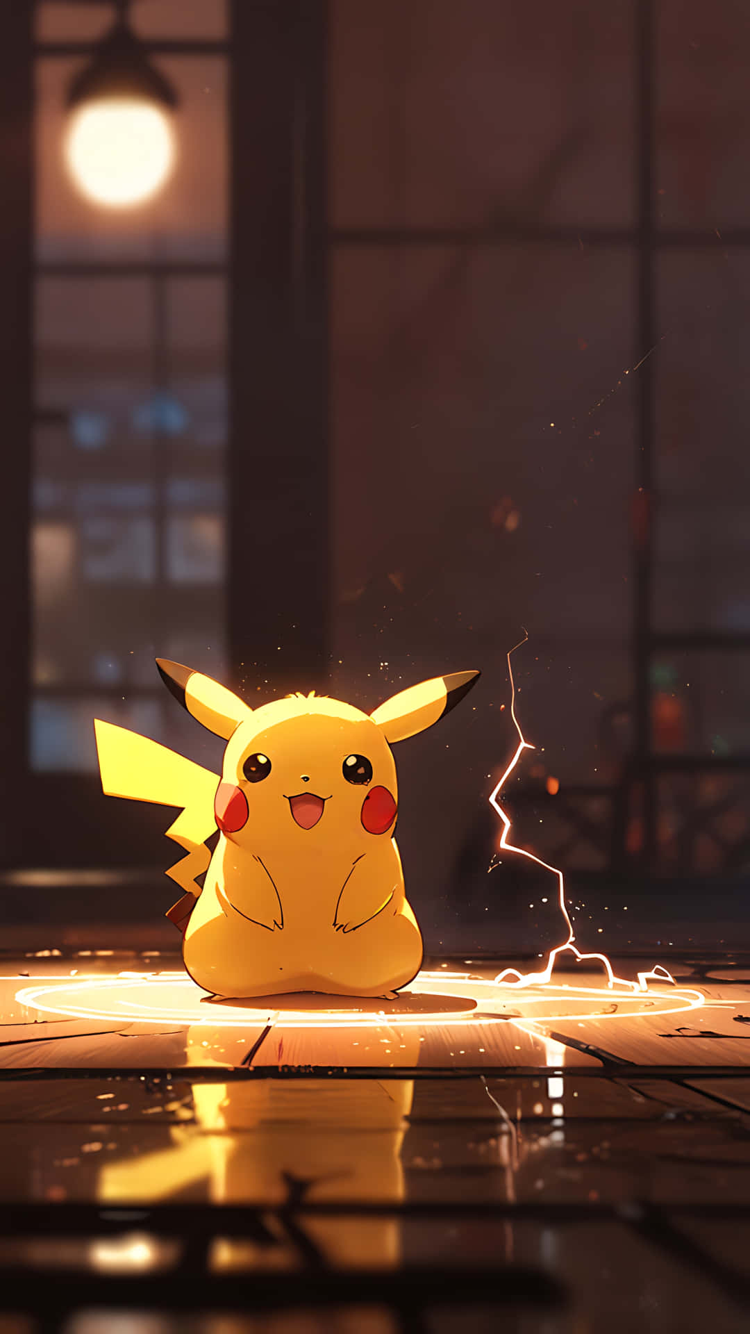 Pikachu's Electric Charm. smartphone wallpaper 壁紙 — 一隻快樂的黃色皮卡丘坐在木地板上，在溫暖的環境燈光下發出電火花。