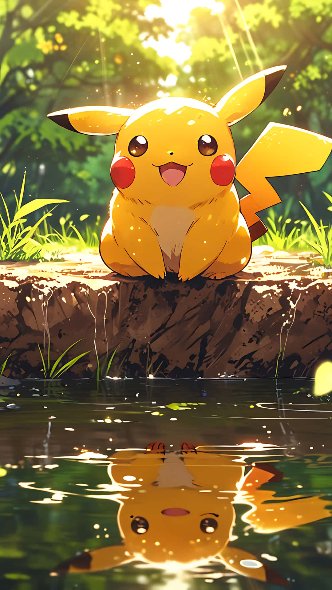 Pikachu's Sunshine Smile - Bright and Adorable. smartphone wallpaper 壁紙 — 一隻快樂的黃色皮卡丘坐在陽光普照的池塘邊長滿青苔的石頭上，牠快樂的倒影在水面上閃爍。