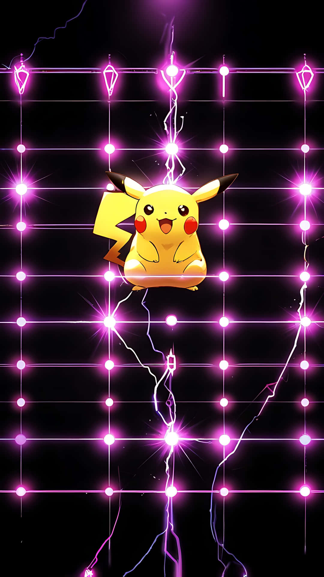 Pikachu's Electric Charm. smartphone wallpaper 壁紙 — 一隻快樂的黃色皮卡丘漂浮在發光的粉紅色燈光和噼啪作響的紫色閃電網格中，背景為黑色。