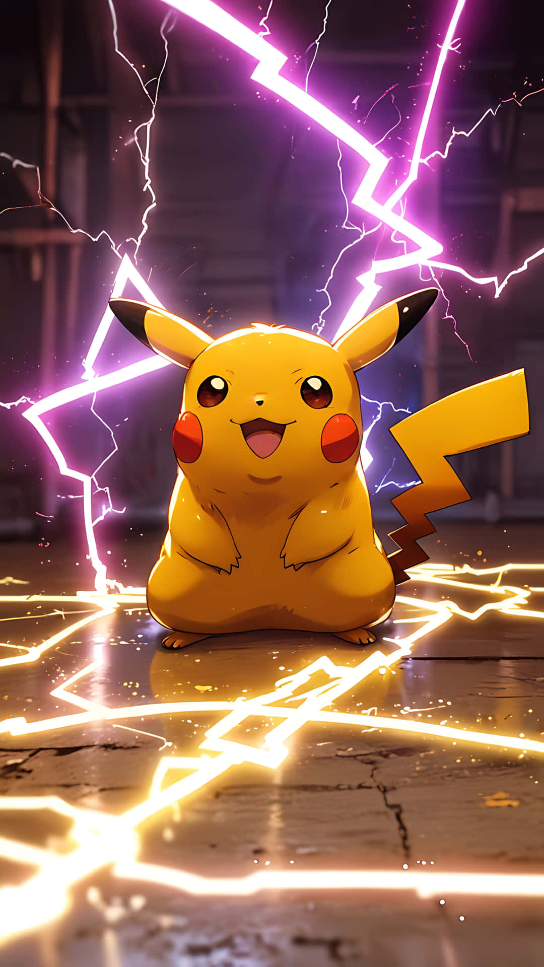 Pikachu's Electric Charm. smartphone wallpaper 壁紙 — 一隻快樂的黃色皮卡丘站在中央，周圍是鮮豔的紫色和金色閃電，背景是黑暗的工業環境。