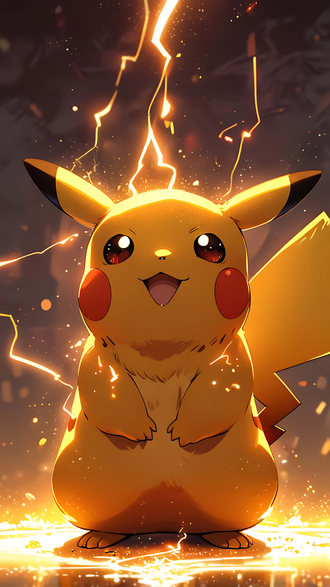 Pikachu's Emotional Spark - Adorable to Fiery. pikachu wallpaper 壁紙 — 一隻快樂的黃色皮卡丘站在黑暗背景前，身體周圍閃爍著電火花。