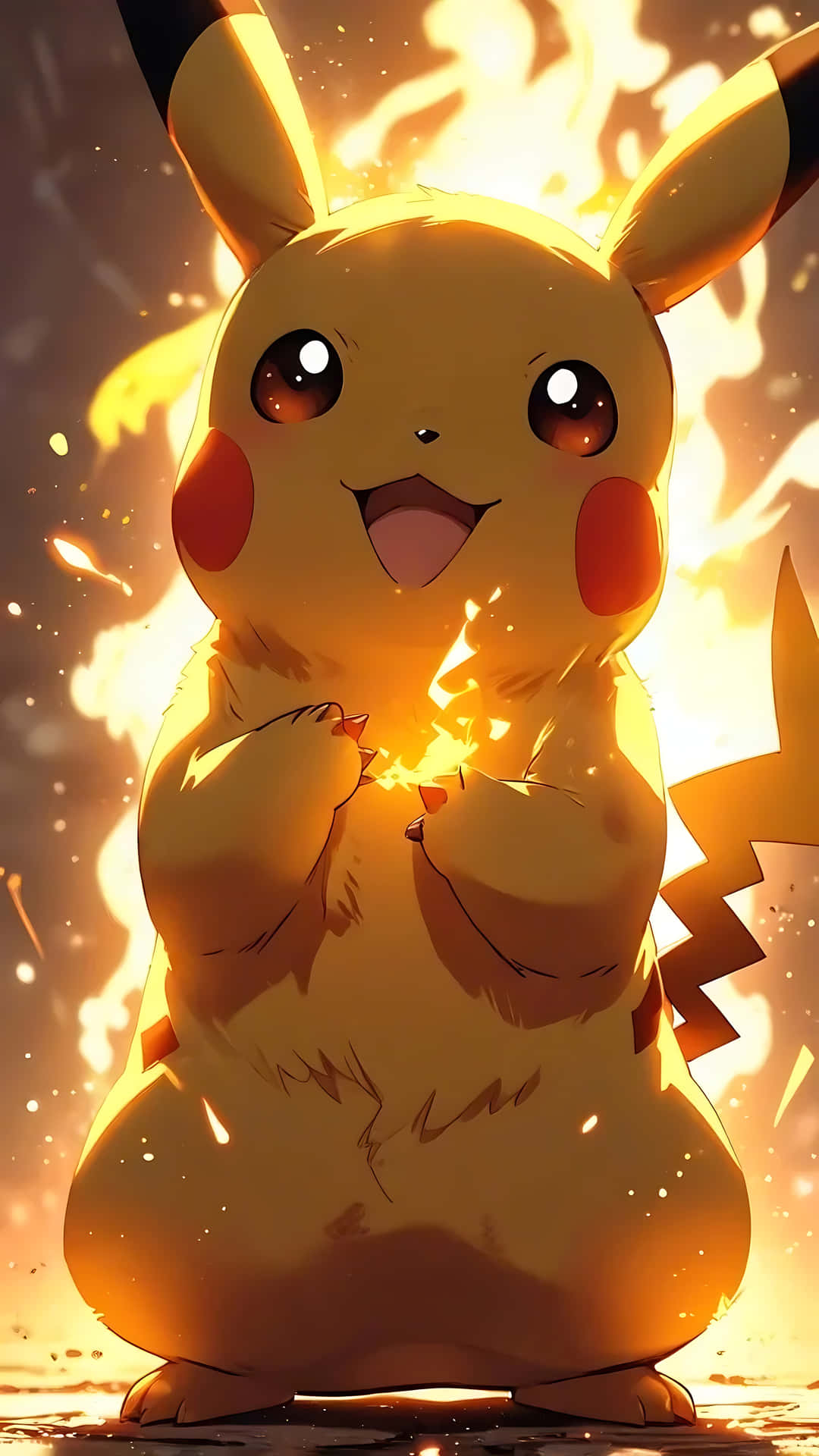 Pikachu's Emotional Spark - Adorable to Fiery. pikachu wallpaper 壁紙 — 一隻快樂的黃色皮卡丘站著發光，帶有火焰能量，火花在它快樂的表情周圍飛舞。
