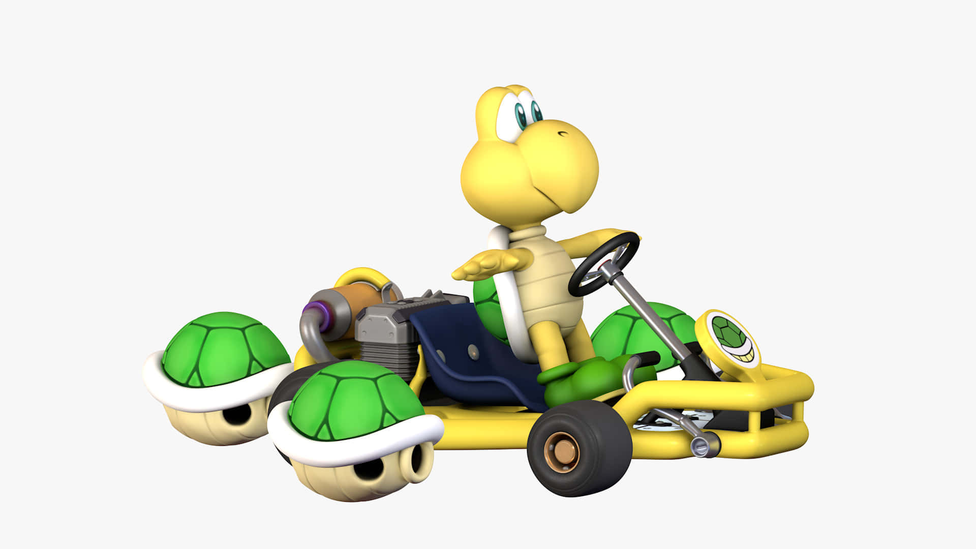 Koopa Troopa 桌布 壁紙 — 一隻快樂的黃色耀西駕駛著一輛亮黃色的高卡車，兩側附有綠色龜殼，背景為純白色。