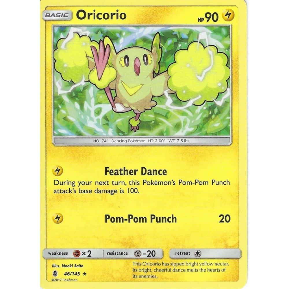 Pokemon Aesthetic 桌布 壁紙 — 一隻快樂的黃色花舞鳥在綠色葉子背景上與絨球雲朵跳舞的寶可夢卡。