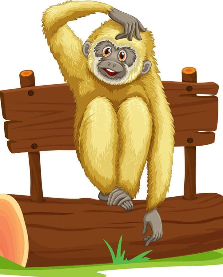 Ape 桌布 壁紙 — 一隻快樂的黃色長臂猿坐在木長凳上，一手放在頭上，露出燦爛的笑容。