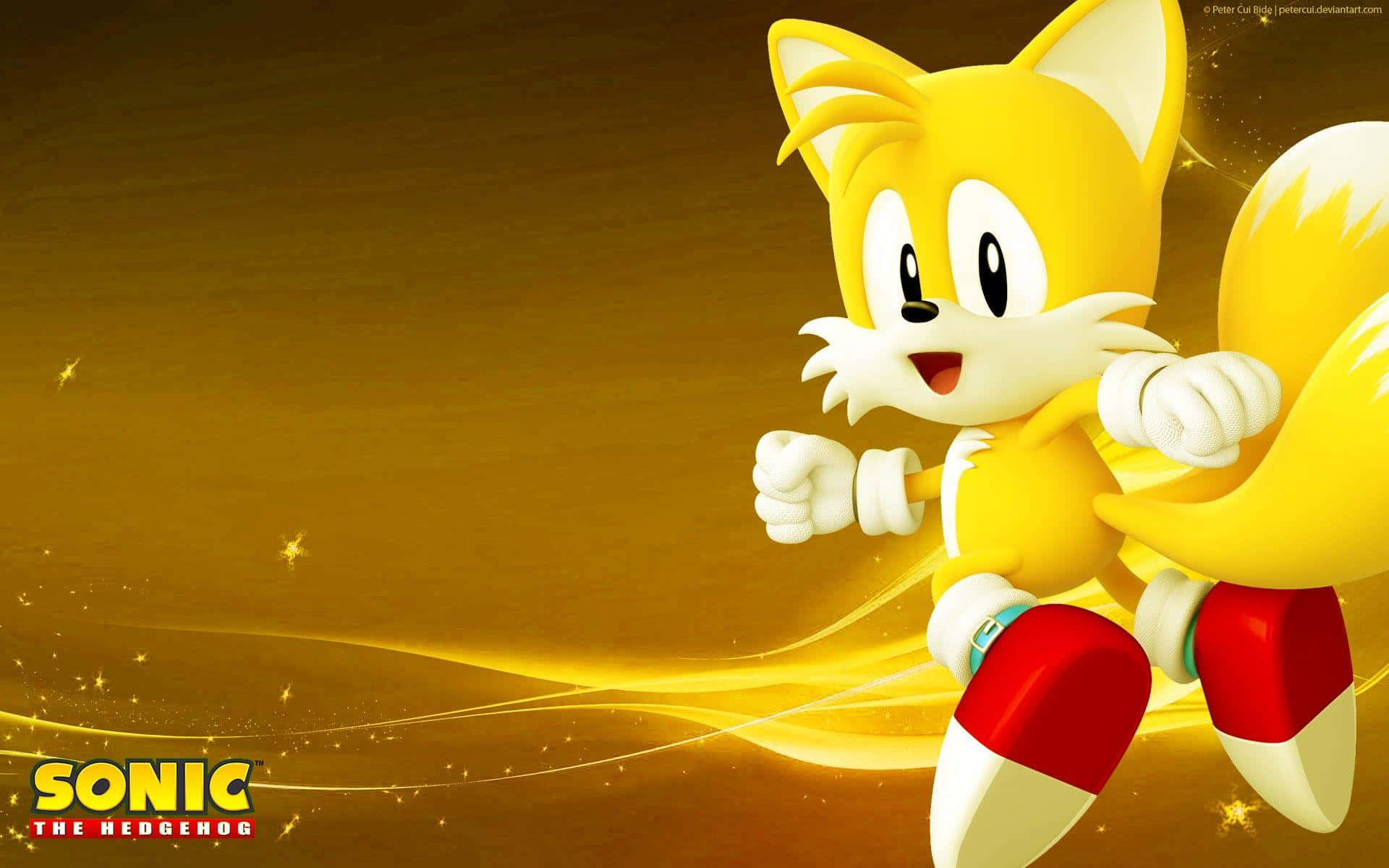 Tails 桌布 壁紙 — 一隻快樂的黃色雙尾刺蝟在閃爍的金色背景上動態奔跑，帶有閃閃發光的粒子。