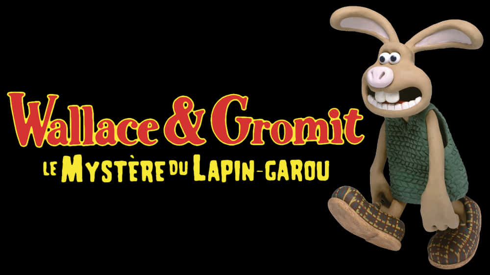 Cartoon Characters 桌布 壁紙 — 一隻快樂的黏土動畫兔子，穿著綠色背心和圖案鞋子，站在黑色背景上粗體紅色和黃色的《超級無敵掌門狗》標題文字旁邊。